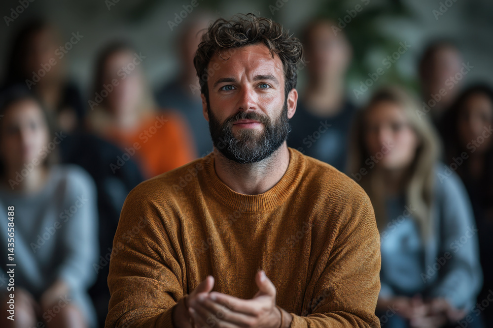 Bearded man stands before crowd. Bearded man stands before crowd.