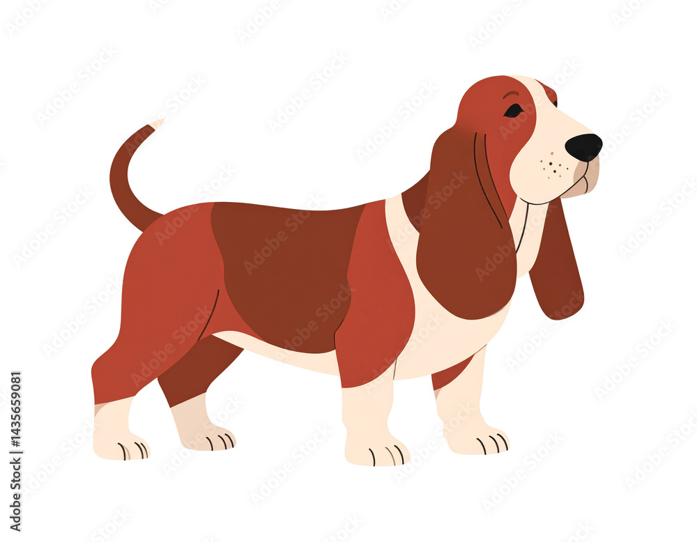 A cartoon basset hound with a distinct color pattern featuring brown and white fur. A cartoon basset hound with a distinct color pattern featuring brown and white fur.