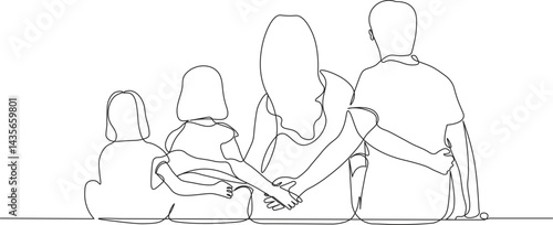 Happy family with two children in continuous line drawing style. United family portrait of parents with their daughter black linear sketch isolated on white background. Vector illustration