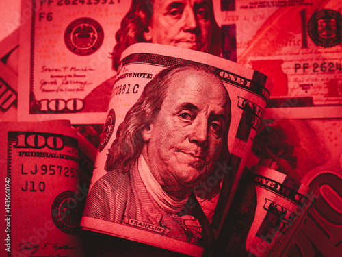Down stock market, dollar weakens, business financial, inflation, online Investment concept. 100 USA American dollars cash bill banknote with Benjamin Franklin's portrait, red tone background.
