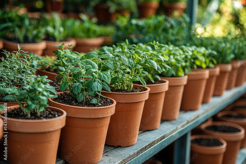 Rows of potted herbs Rows of potted herbs