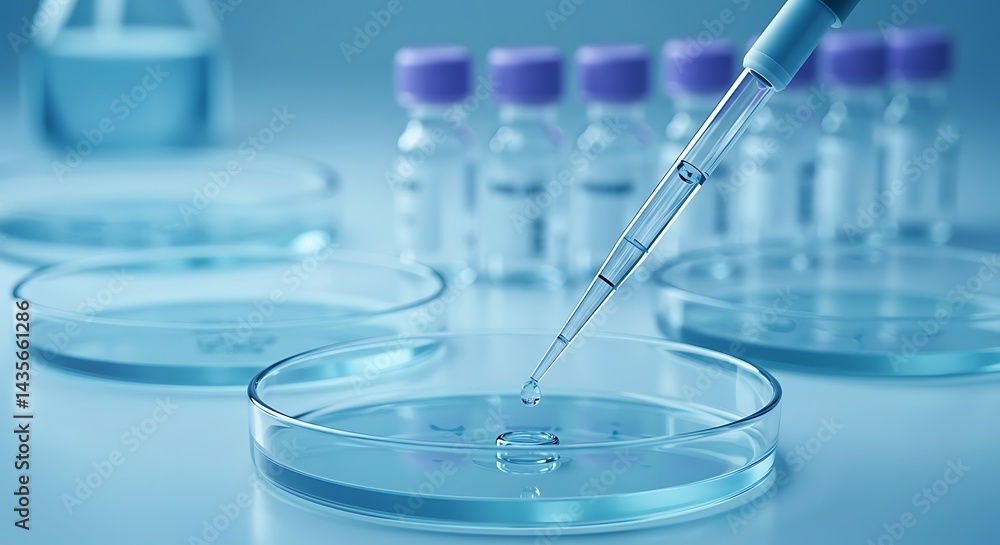 Laboratory experiment involving petri dishes, a pipette and several vials. A drop is placed with precision into the center of a petri dish Laboratory experiment involving petri dishes, a pipette and several vials. A drop is placed with precision into the center of a petri dish