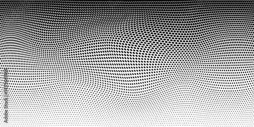 Halftone Dots Abstract Background, Black and White Distorted Wave Pattern, Dynamic Optical Illusion Effect for Modern Graphic Design and Retro Projects, Vector Illustration.