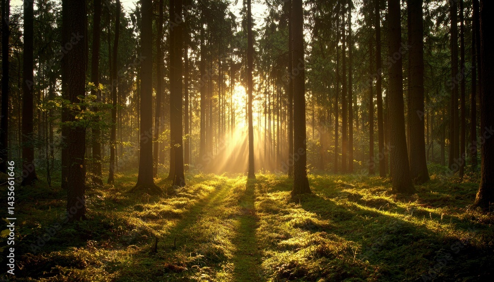 Naklejka premium Sunlight streams through forest canopy