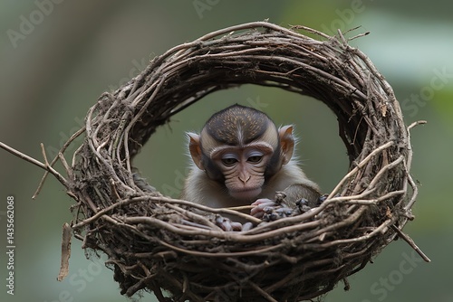 Baby monkey in a bird's nest, forest background, wildlife, nature scene, perfect for wallpaper or prints