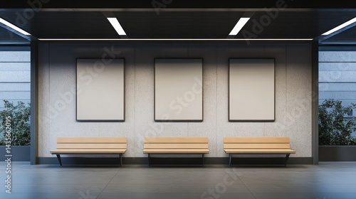 Wallpaper Mural Three blank posters on a wall in a modern hallway with benches. Torontodigital.ca
