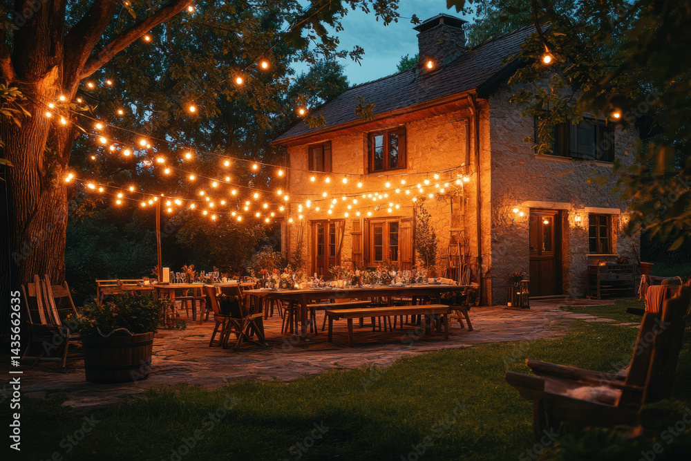 Obraz premium A backyard patio with string lights over the table.