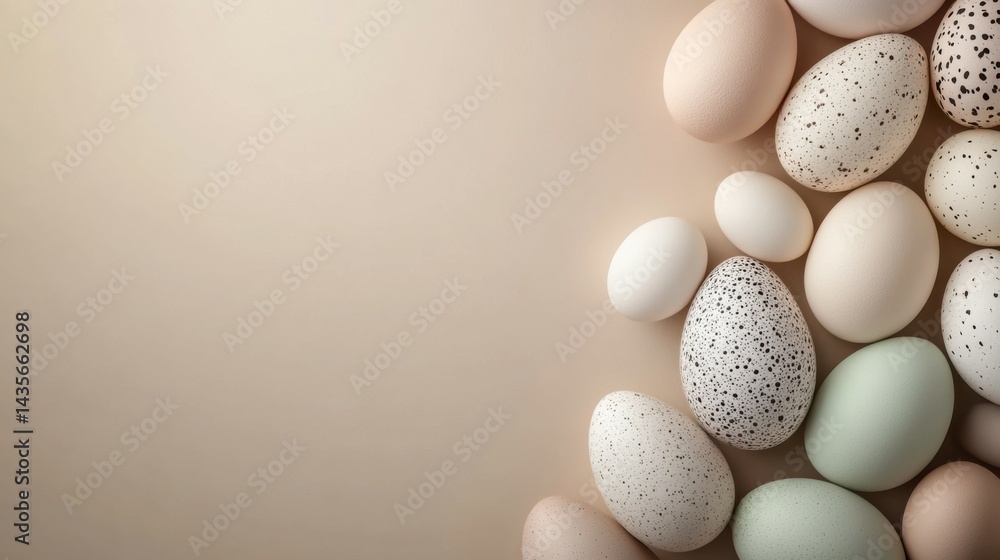 Unique arrangement of speckled and solid colored eggs displayed on a neutral background during a seasonal celebration of nature's bounty Unique arrangement of speckled and solid colored eggs displayed on a neutral background during a seasonal celebration of nature's bounty