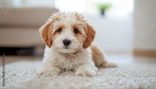 Adorable puppy lying on carpet