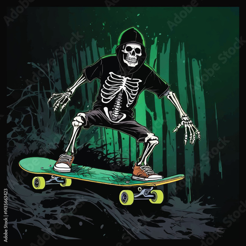 Ride the Chaos: Skeleton Skateboarding Through Dripping Neon Dreams, A Punk Skater’s Underground Journey, Skeleton T-shirt Vector Design.