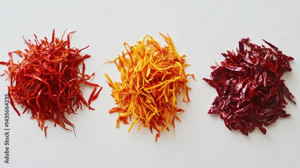 Naklejka premium Three piles of dried colorful flower petals; red, orange, and purple, on a white background.