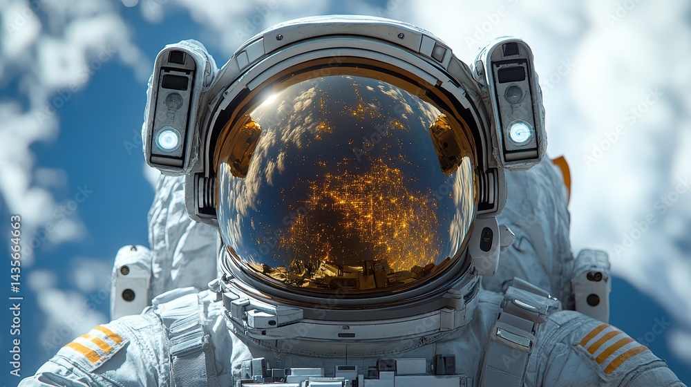 Fototapeta premium Astronaut helmet close-up with reflection of Earth and stars in space, dreamy atmosphere.