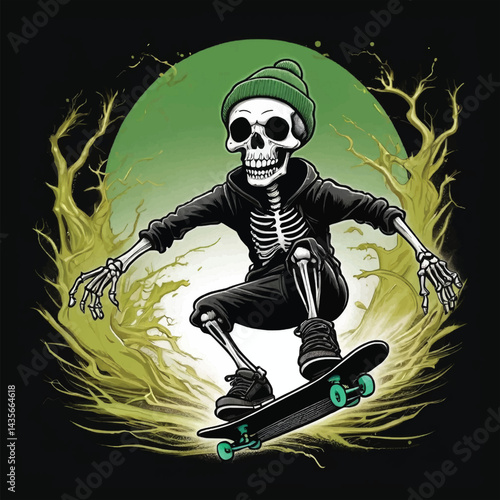 Ride the Chaos: Skeleton Skateboarding Through Dripping Neon Dreams, A Punk Skater’s Underground Journey, Skeleton T-shirt Vector Design.