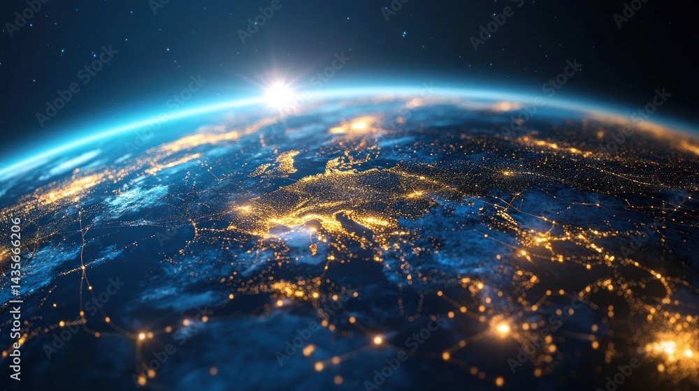 Obraz premium Global network connections illuminating Europe at night, seen from space.