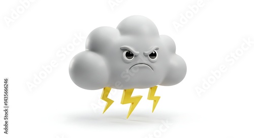 Cartoon Angry Cloud with Lightning Bolts on White Background Illustration