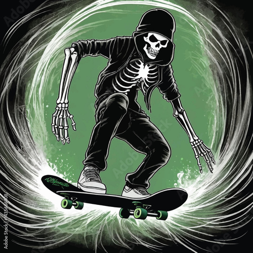 Ride the Chaos: Skeleton Skateboarding Through Dripping Neon Dreams, A Punk Skater’s Underground Journey, Skeleton T-shirt Vector Design.