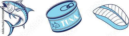 tuna fish icons set included tuna fish, tuna can, piece of tuna, canned tuna fish. blue vector illustration