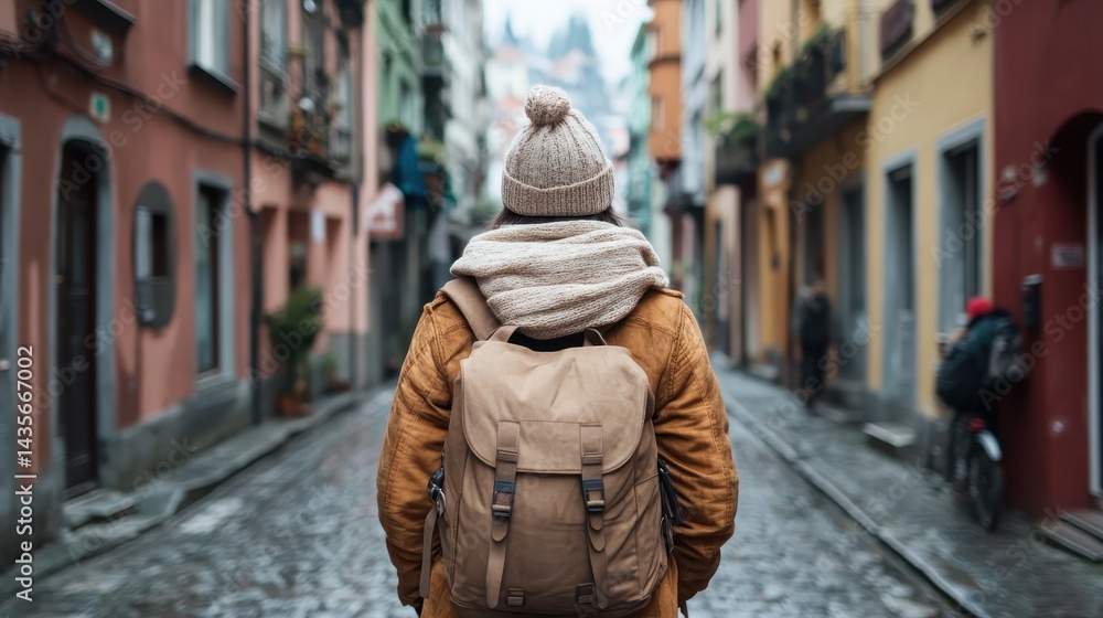 Amidst a beautiful street with colorful buildings, a traveler with a tan backpack enjoys the serenity of exploration, embodying the joy of travel and adventure. Amidst a beautiful street with colorful buildings, a traveler with a tan backpack enjoys the serenity of exploration, embodying the joy of travel and adventure.