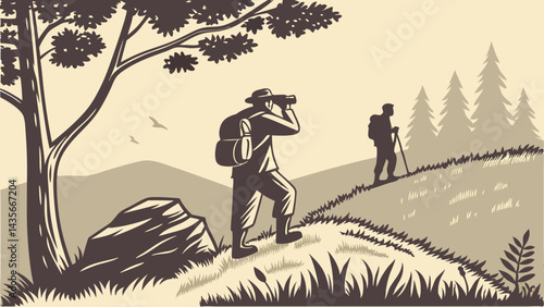 Hiking adventure with binoculars exploration illustration vector