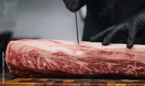 Принти на полотні Chef slicing a large marbled beef slab on a wooden butcher board, showcasing premium meat preparation in a professional kitchen setting