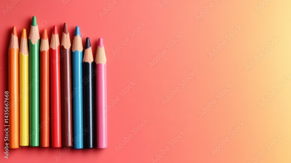A stunning arrangement of colored pencils on a coral gradient background, reflecting creativity, artistic expression, and the joy of exploring color in an eye-catching, playful way. A stunning arrangement of colored pencils on a coral gradient background, reflecting creativity, artistic expression, and the joy of exploring color in an eye-catching, playful way.