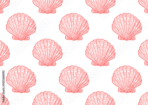 Seamless vector pattern with hand drawn seashells. Vintage line art design with detailed scallop shells in red on white background. Perfect for summer, beach, and nautical projects. 