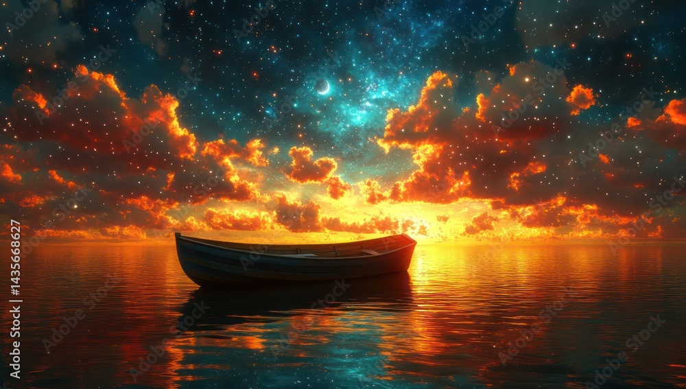 Starry Sunset with Calm Sea, and Rowboat. Starry Sunset with Calm Sea, and Rowboat.