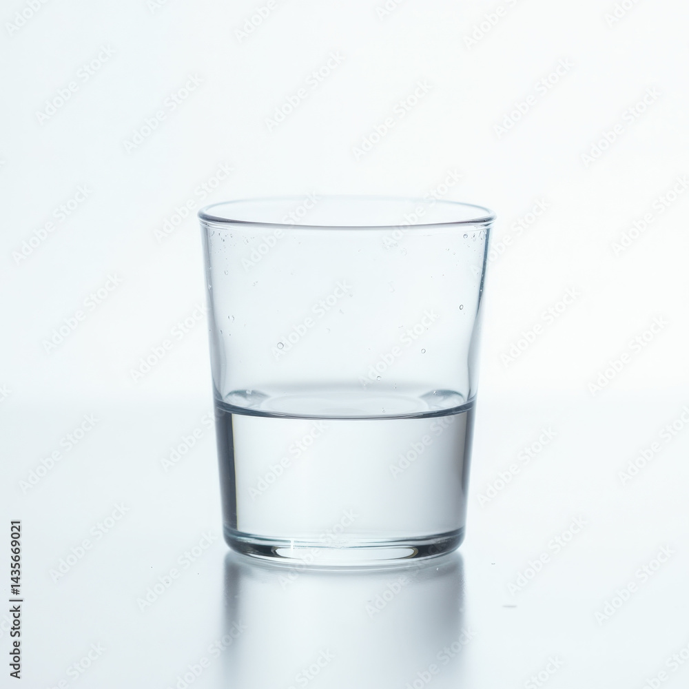 A simple yet elegant image of a half-filled glass of pristine water with a slight reflection, isolated on a transparent background, great for hydration or minimalist design concepts. A simple yet elegant image of a half-filled glass of pristine water with a slight reflection, isolated on a transparent background, great for hydration or minimalist design concepts.