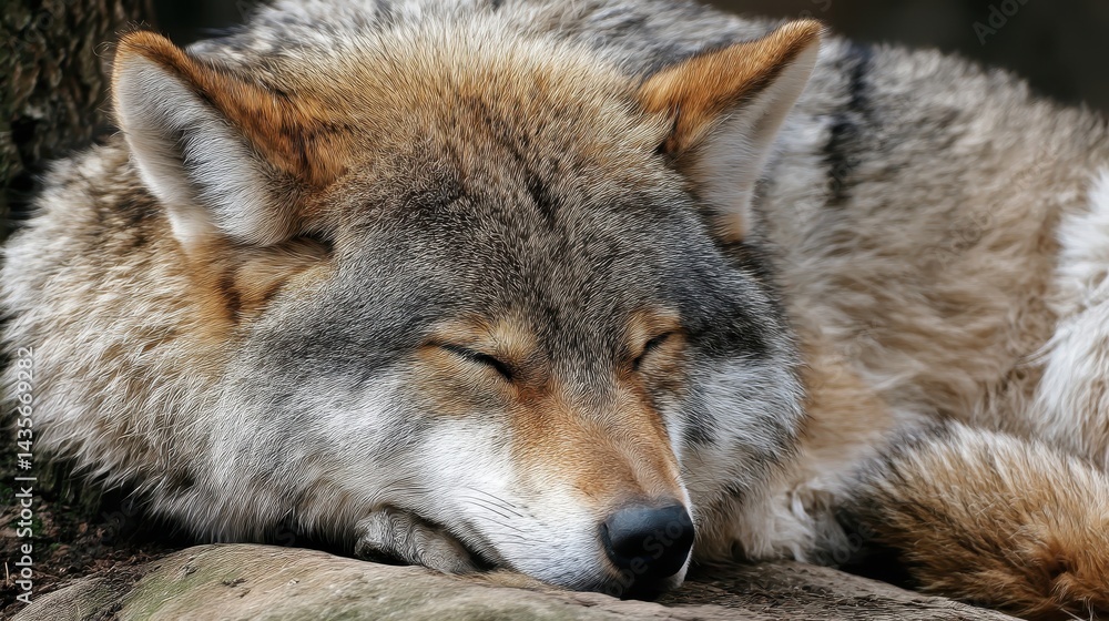 Serene Slumber of a Grey Beast: Captivating Image of a Sleeping Wild Wolf in its Natural Habitat Serene Slumber of a Grey Beast: Captivating Image of a Sleeping Wild Wolf in its Natural Habitat
