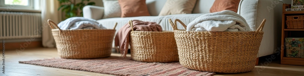 Obraz premium Cozy living room with blankets in woven baskets on a rug by a sofa