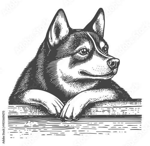 Vintage Woodcut Style Illustration of a Dog with a Thoughtful Expression