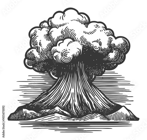Vintage Woodcut Illustration of Erupting Volcano with Dramatic Clouds