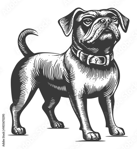 Vintage Woodcut Style Drawing of a Proud Pug Standing Tall