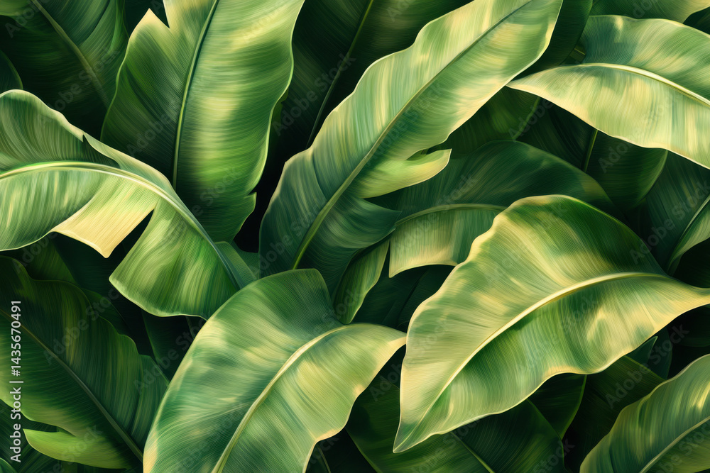 Fototapeta premium Bunch of green banana leaves in tropical garden, vibrant and lush, under sunny skies with shadows creating a natural pattern on the ground.