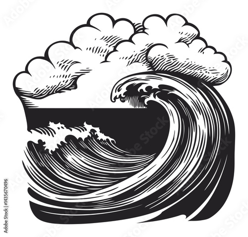 Vintage Woodcut Style Illustration of Ocean Waves and Clouds