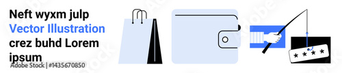 Shopping bag, minimalist wallet, hand holding card, fishing for ratings. Ideal for e-commerce, retail, payment solutions, loyalty programs, marketing strategies online shopping simple landing page
