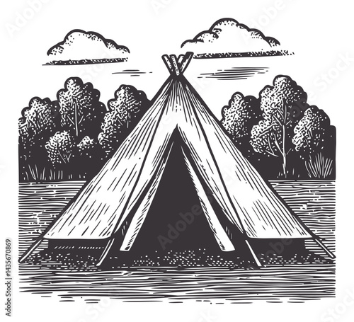 Vintage Woodcut Illustration of a Tent in Nature Setting