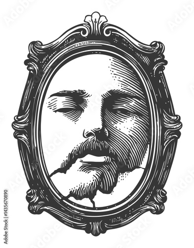 Vintage Woodcut Illustration of a Man's Face in a Decorative Frame