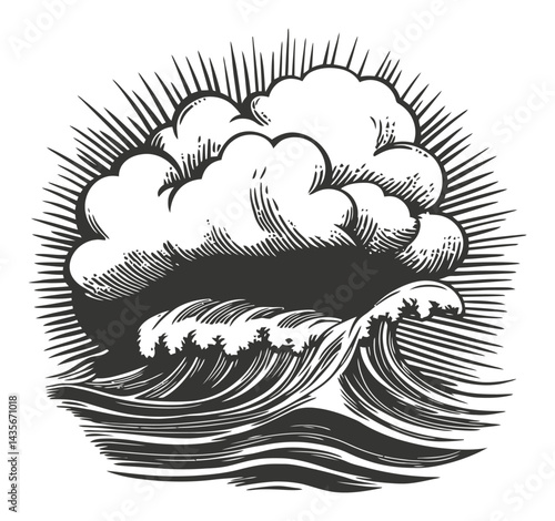 Vintage Woodcut Style Illustration of Waves and Clouds in Black and White