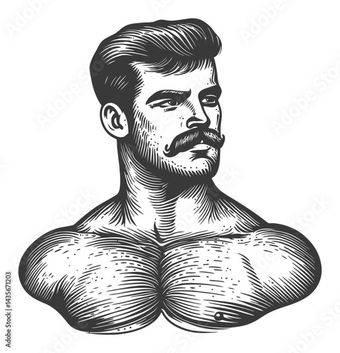 Vintage Illustration of a Strong Man with Mustache in Woodcut Style