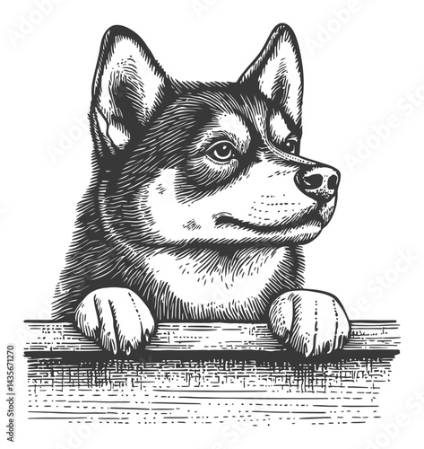 Vintage Woodcut Style Illustration of Dog Looking Over Fence