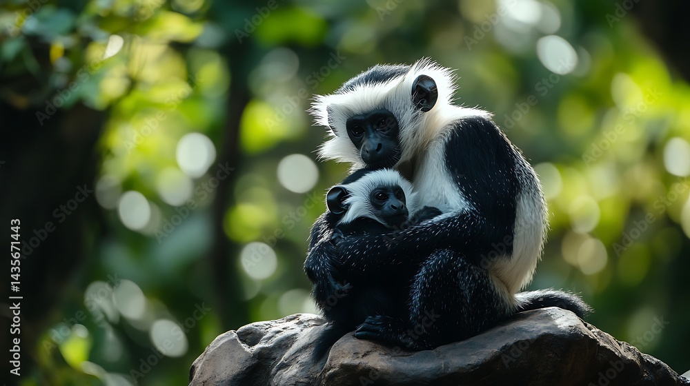 Obraz premium Black and white monkey, holding infant, tropical forest setting. Potential use Nature photography, wildlife stock