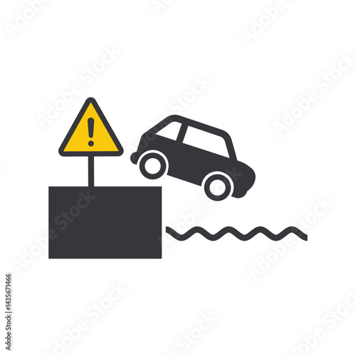 Isolated pictogram showing a road ending at water, warning vehicles of the risk of falling into docks, rivers, or seas