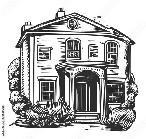 Vintage Woodcut Style House Illustration in Black and White