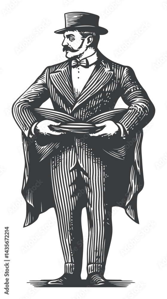 Obraz premium Vintage Woodcut Illustration of a Dapper Man in Formal Attire