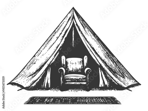 Vintage Woodcut Illustration of Tent with Chair and Rug