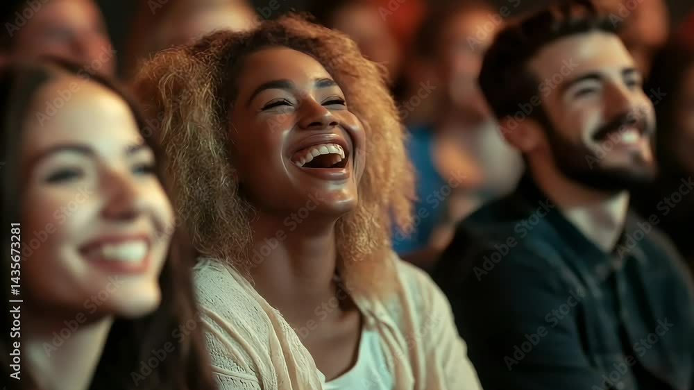 A varied group of individuals from different backgrounds laughs and enjoys a comedy show, experiencing moments of real joy and amusement in a lively, upbeat atmosphere. A varied group of individuals from different backgrounds laughs and enjoys a comedy show, experiencing moments of real joy and amusement in a lively, upbeat atmosphere.