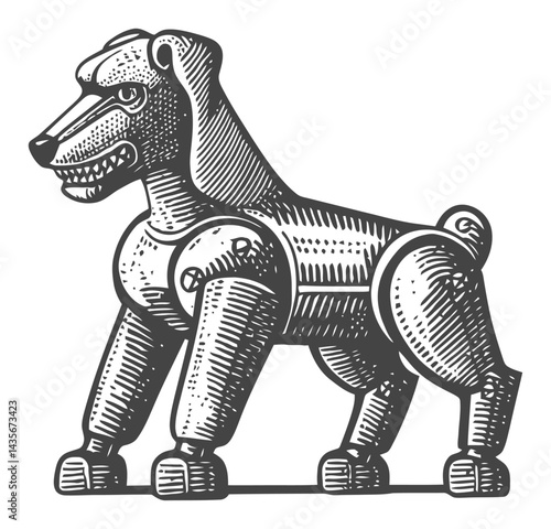 Vintage Illustration of a Wooden Dog Sculpture in Woodcut Style