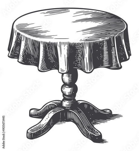 Vintage Woodcut Illustration of a Round Table with Skirted Designs