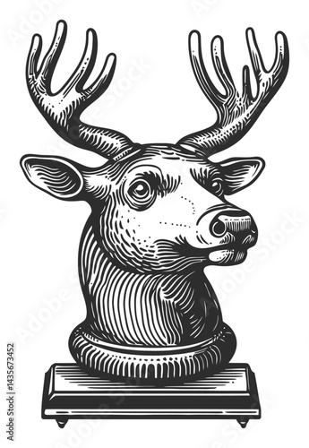 Vintage Woodcut Illustration of a Taxidermy Deer Head Bust